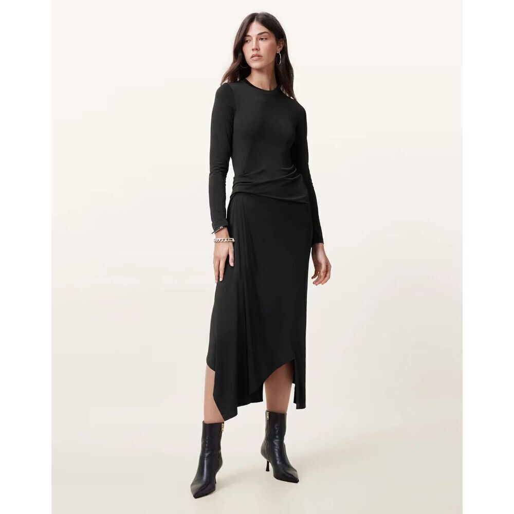 NEW, ALLSAINTS RIVI DRAPED LONG SLEEVE MIDI DRESS IN BLACK SIZE 8 US